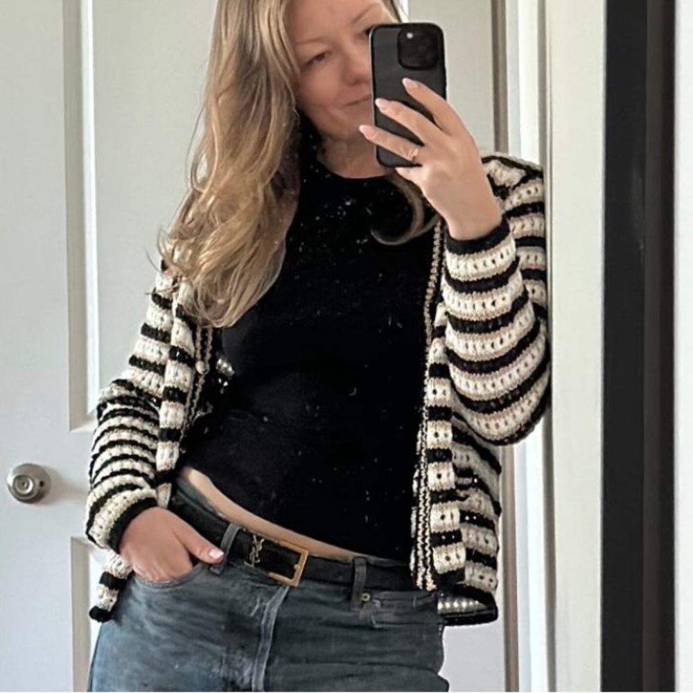 Striped Black, White and Gold Women's Sweater - Picture 3 of 12
